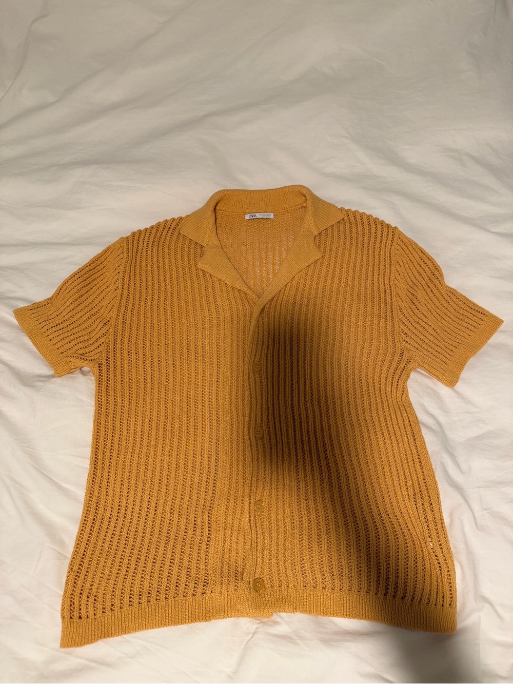 Zara Open-Weave Mustard Short-Sleeve Button-Down Shirt